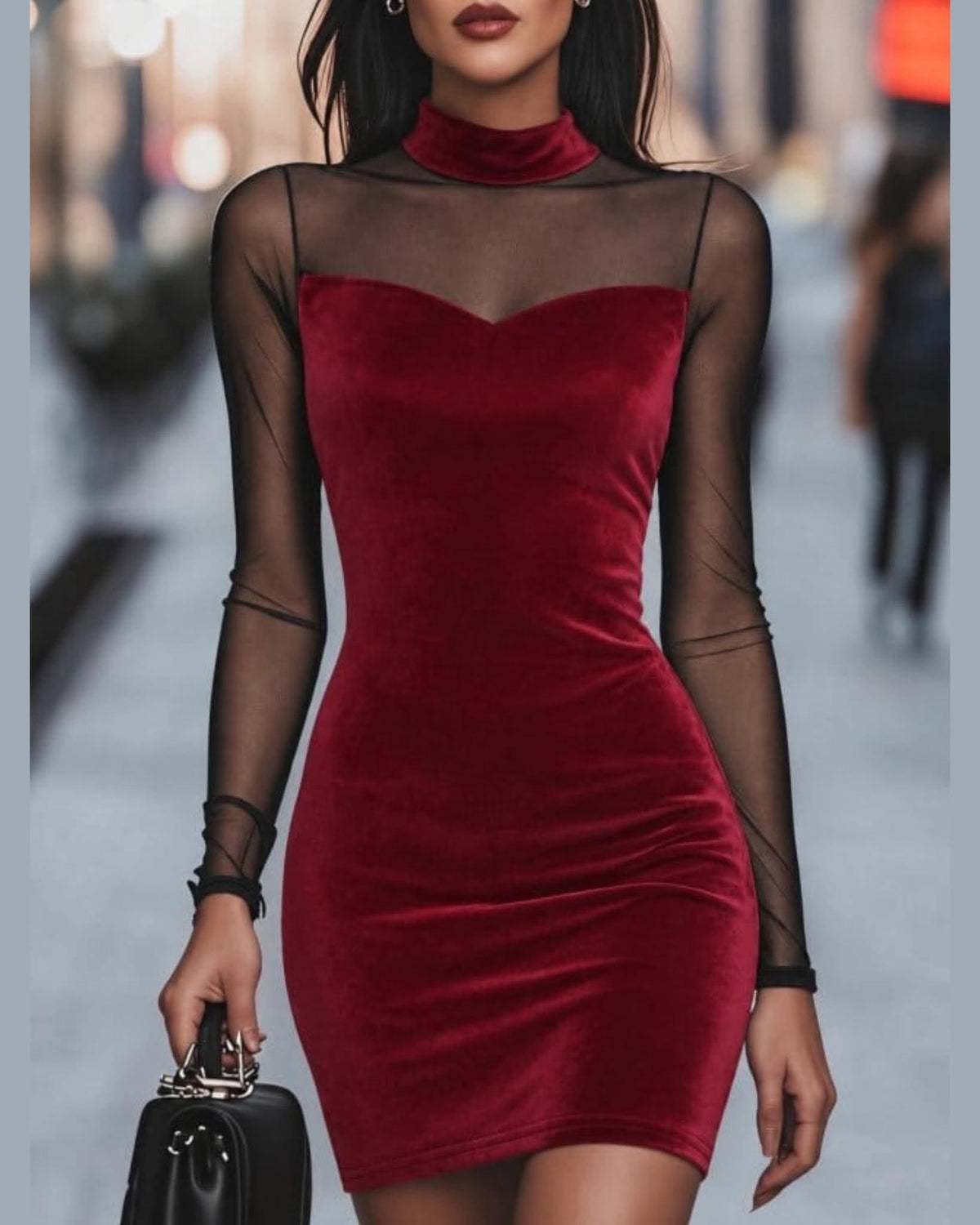 Elegant Velvet Bodycon Dress With Sheer Mesh Long Sleeves And A High Neck