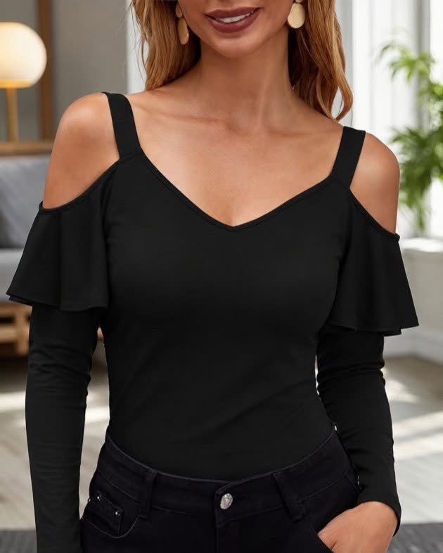 Ruffled Cold-Shoulder Long Sleeve Top