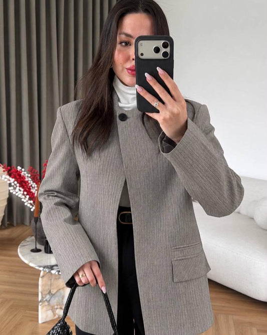 Collarless Pinstripe Blazer