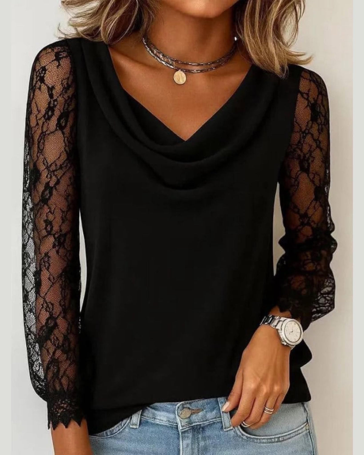 Cowl Neck Lace Sleeve Top