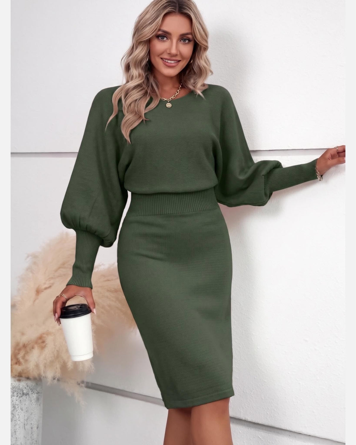 Knit Midi Dress With Lantern Sleeves