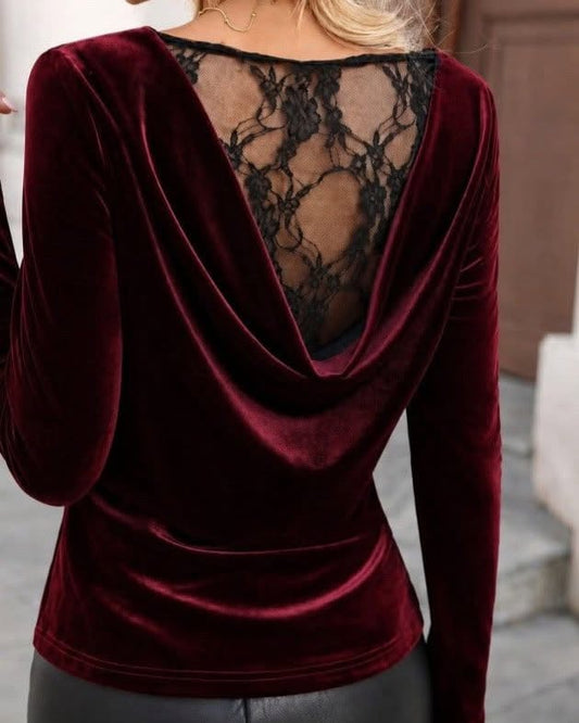 Velvet Cowl Back Lace Top