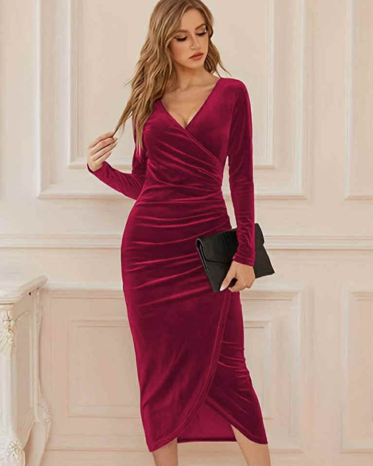 Skinny V-Neck Velvet Dress