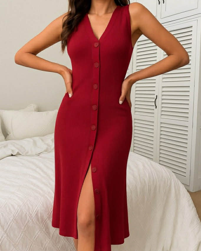 Cut Stripped Long Dress With Buttons