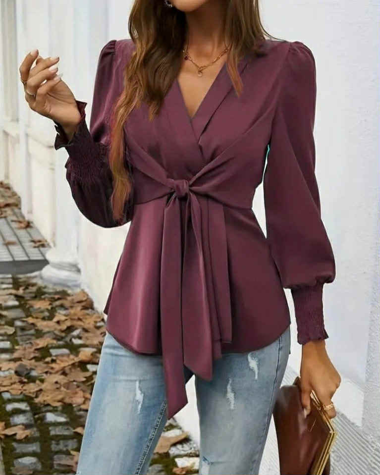Elegant V-Neck Top With A Tie