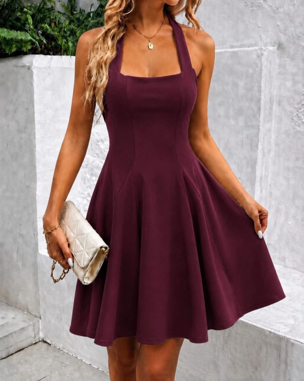 Sleeveless Halter Square-Neck Flared Skater Mini Dress