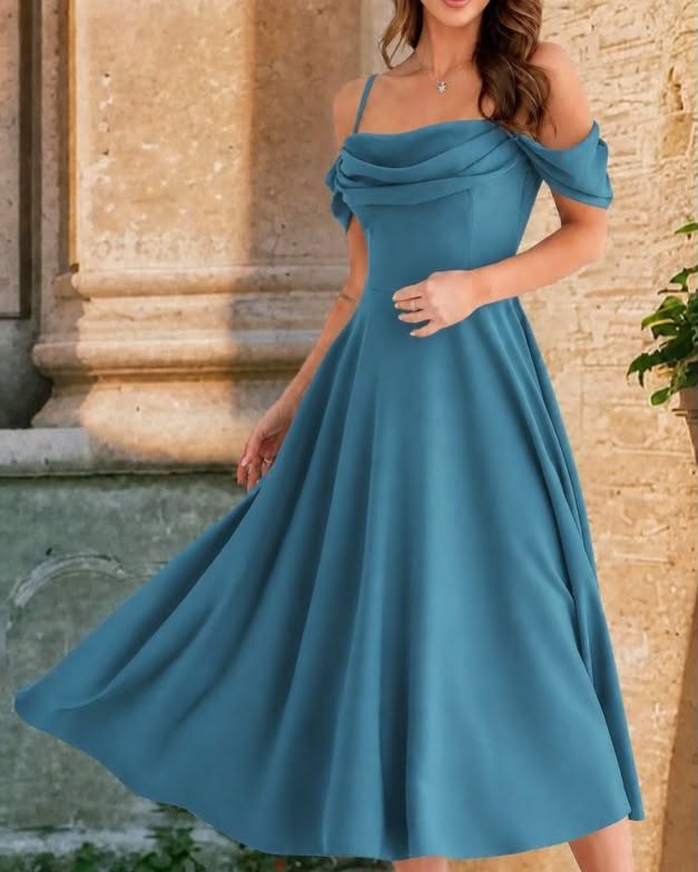 Of Shoulder Wide Long One Color Dress