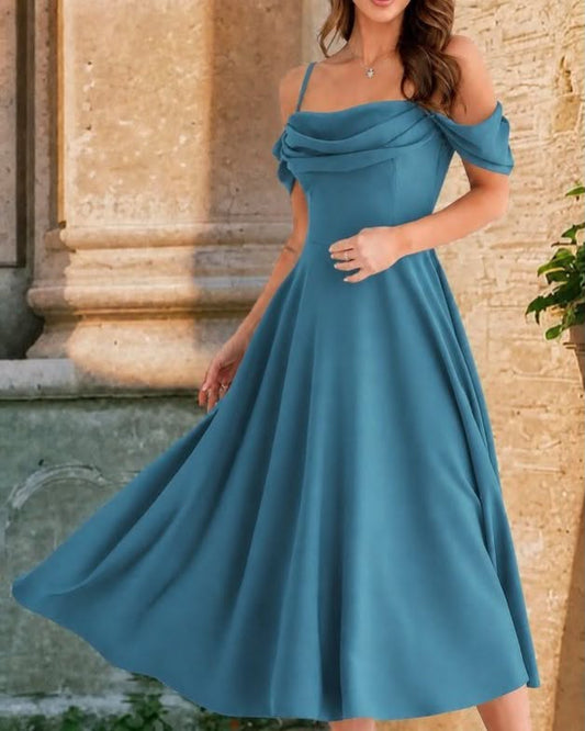 Of Shoulder Wide Long One Color Dress