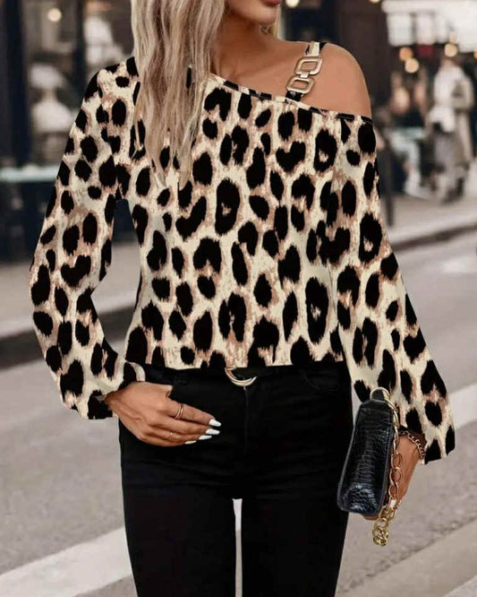 Leopard Long Sleeve Top With Golden Buckle