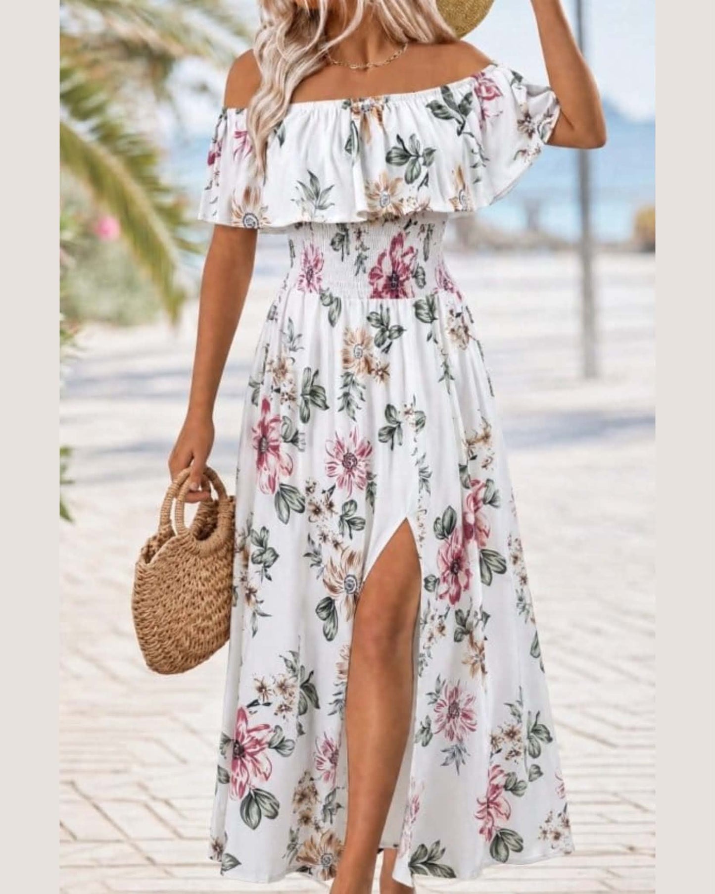 Floral Of Shoulder Dress With Ruffles