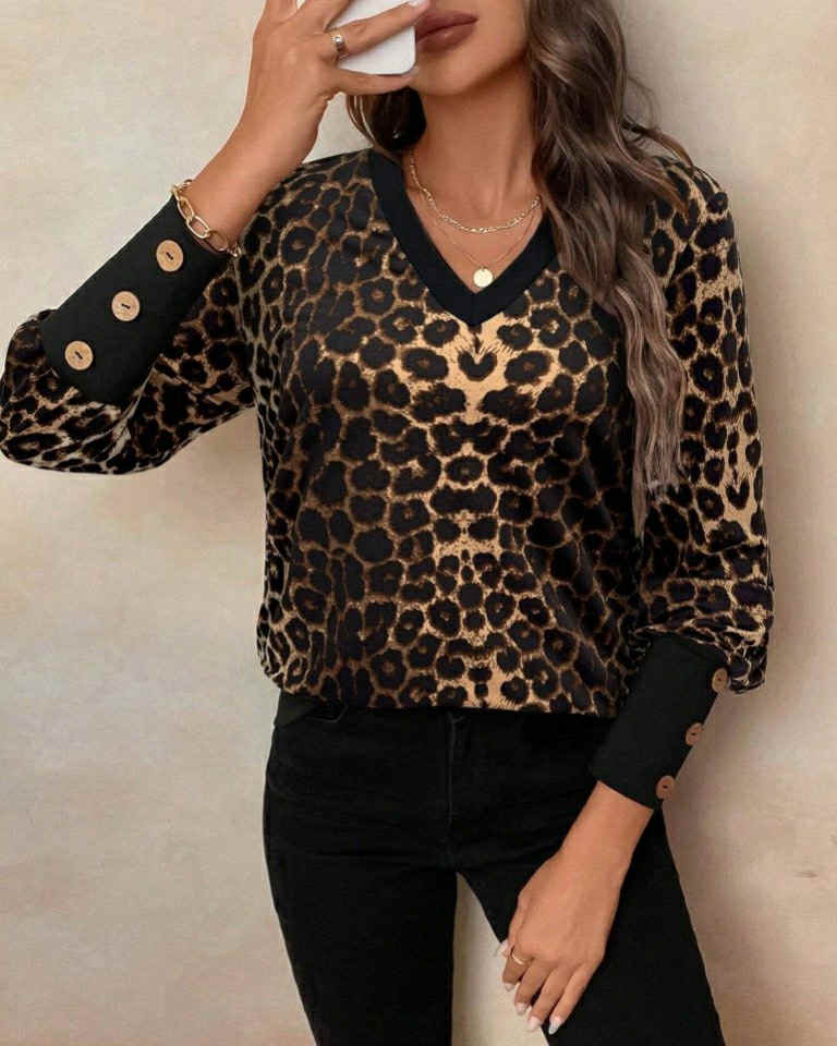 Leopard V-Neck Top With Buttons On Sleeve