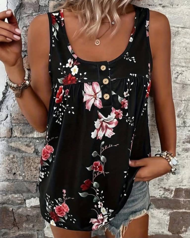 Floral Sleeveless Top With Buttons