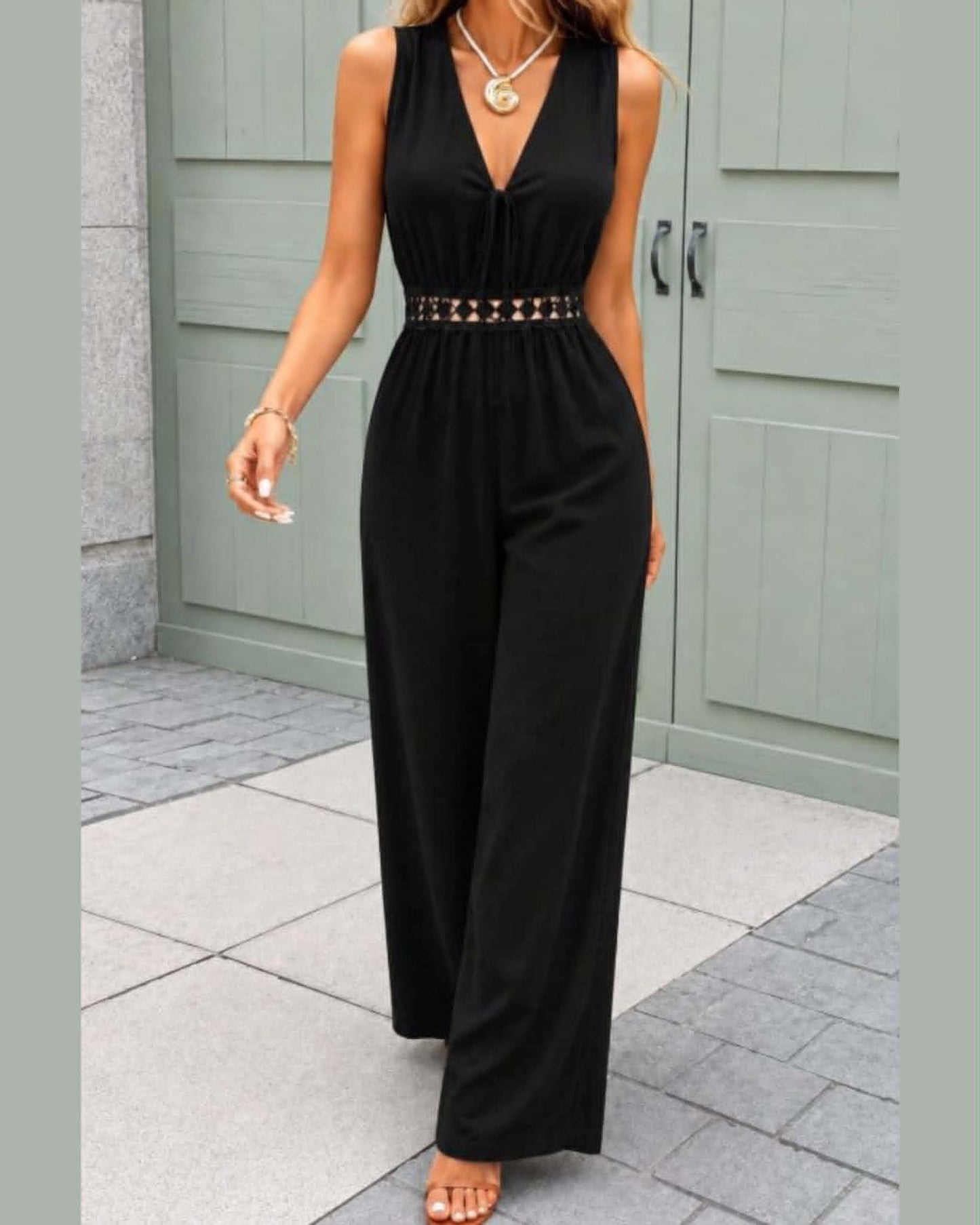 Sleeveless Wide-Leg Jumpsuit With V-neck And Crochet Waist Detail