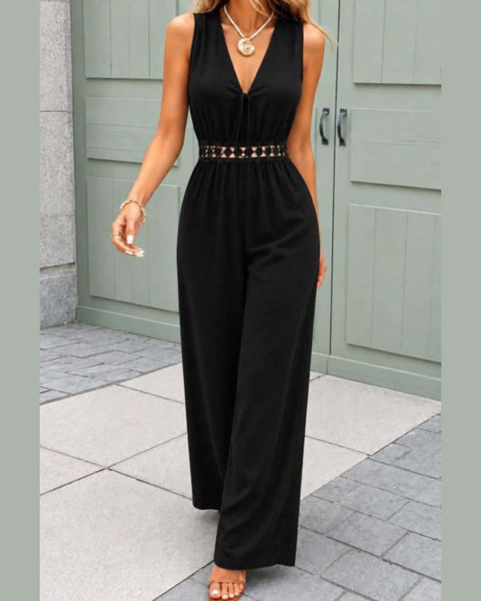 Sleeveless Wide-Leg Jumpsuit With V-neck And Crochet Waist Detail