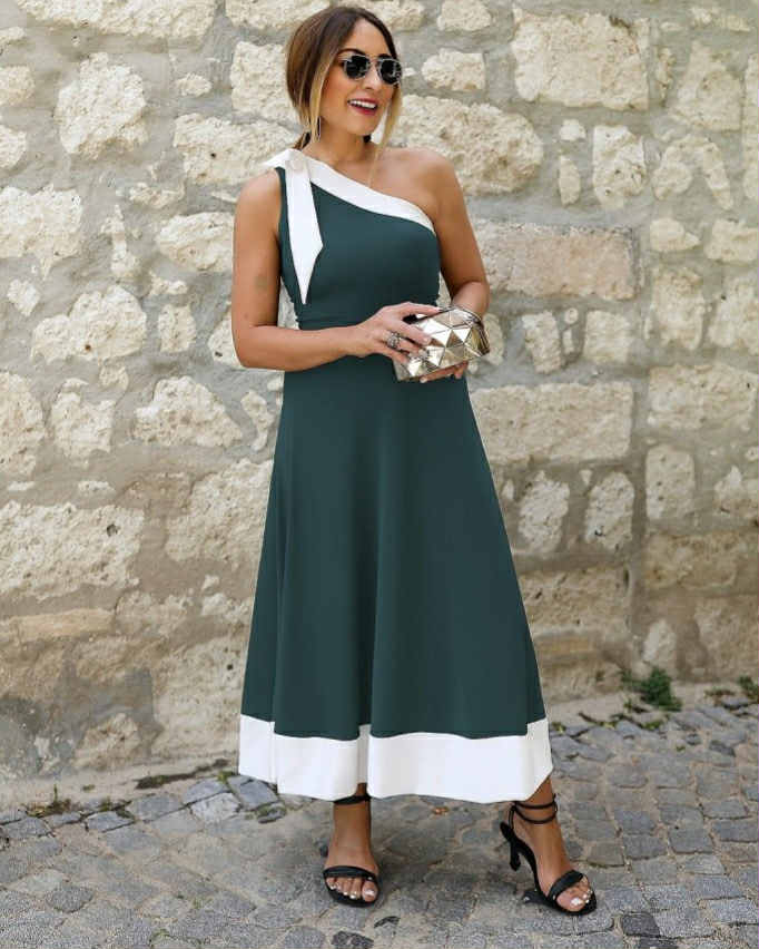 Wide Long Dress One Shoulder With White Border