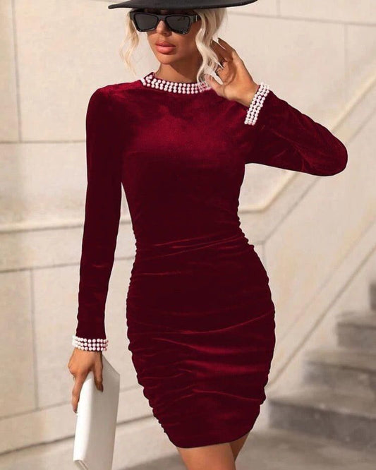 Velvet Short Dress With Pearls