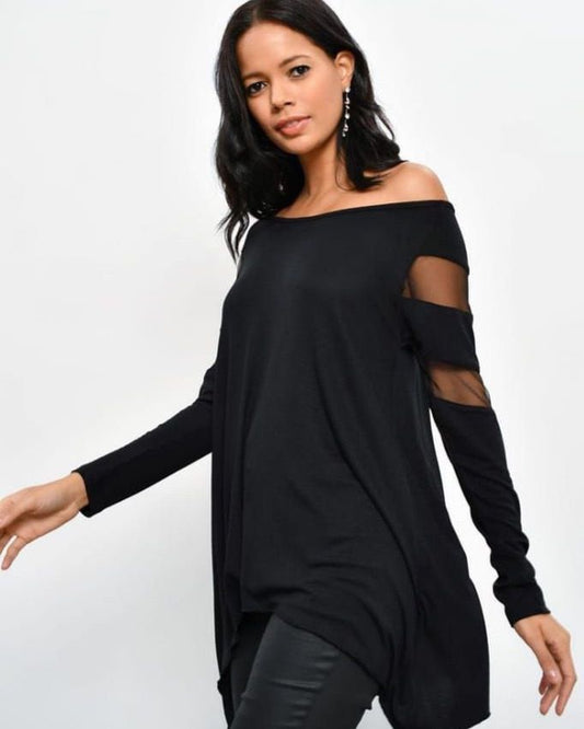 Wide Long Sleeve Top With Chiffon