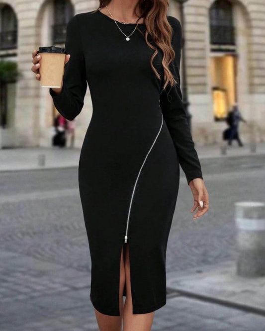 Long Simple Dress With Slit And Zipper