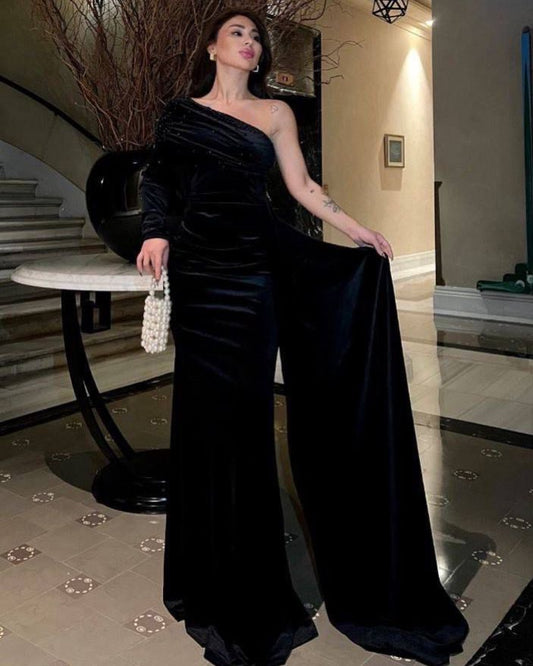 Velvet One Sleeve Long Dress With Pearls