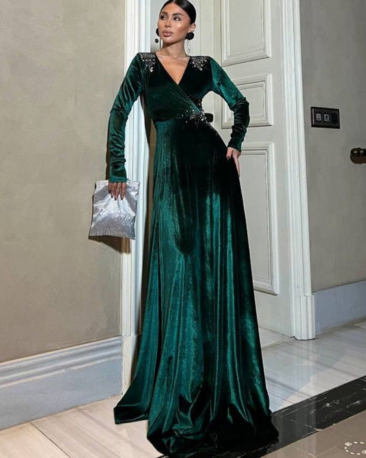 Velvet Wide Long Evening Dress With Strass