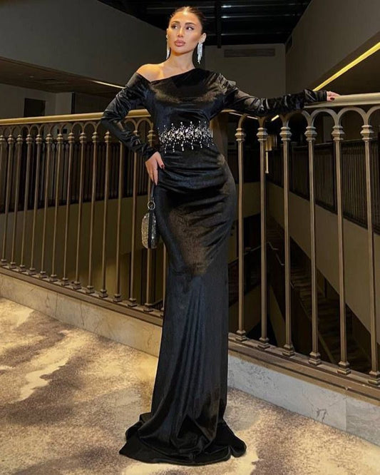 Velvet Of Shoulder Evening Dress With Strass