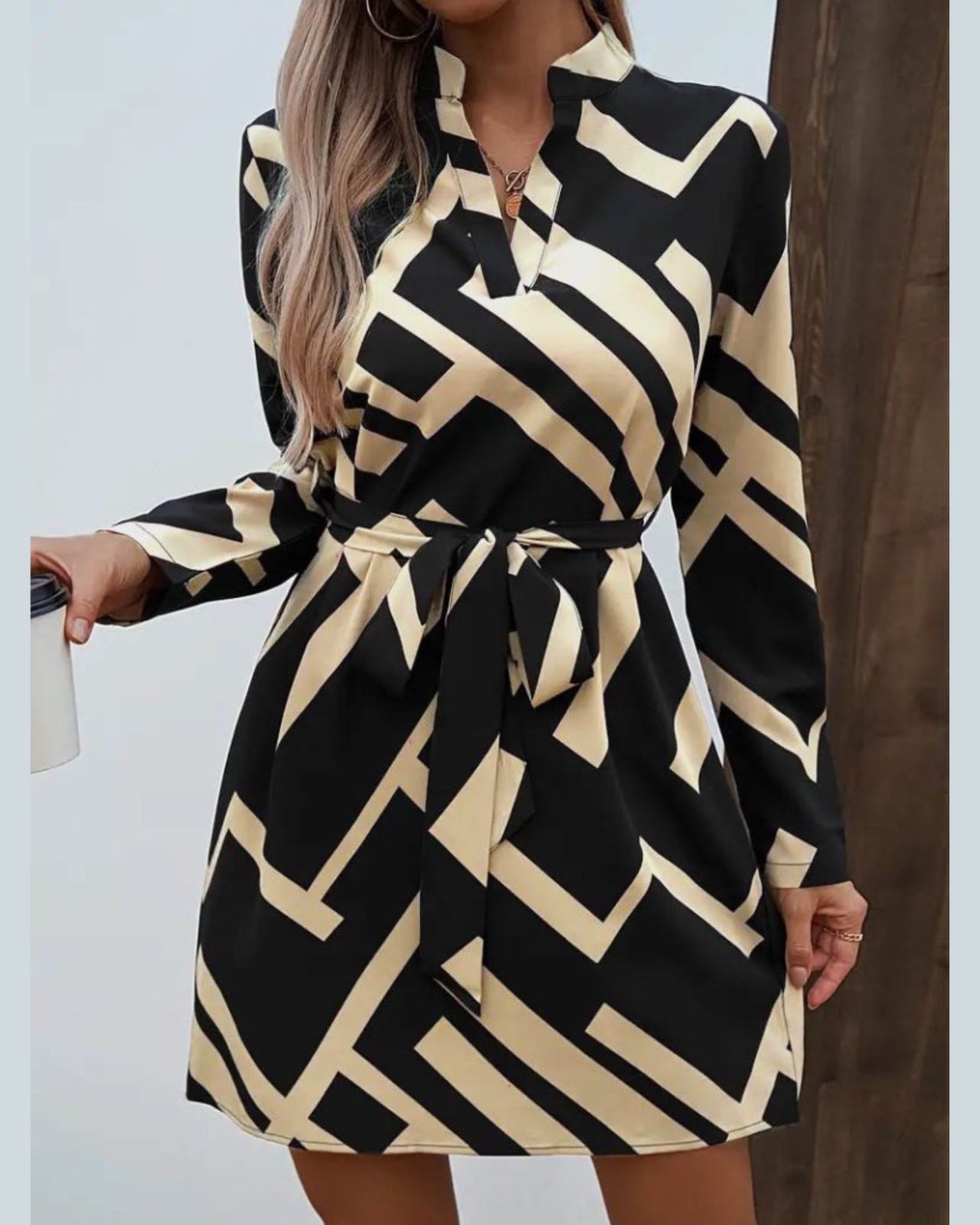 Geo Print Long Sleeve Dress With Belt