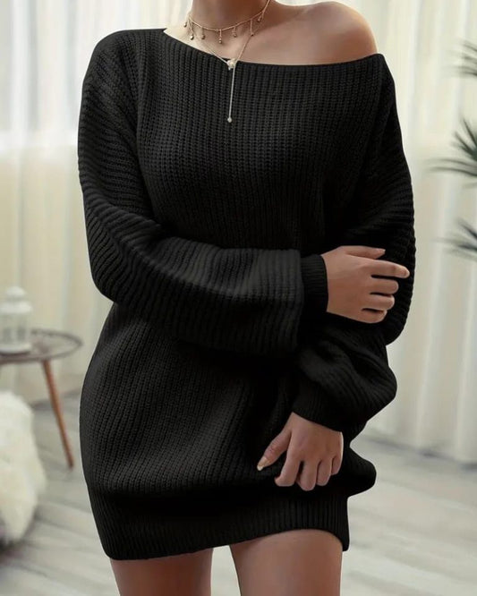 Of Shoulder Long Sleeve Wool Short Dress