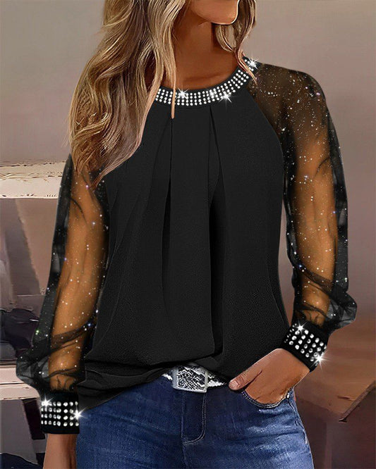 Crew Neck Top With Glittered Tulle Long Sleeve And Strass