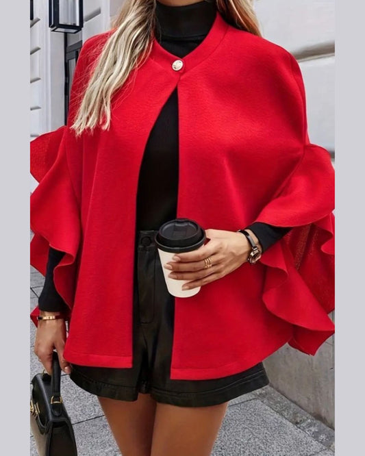 Wide Poncho With Sleeve Ruffles