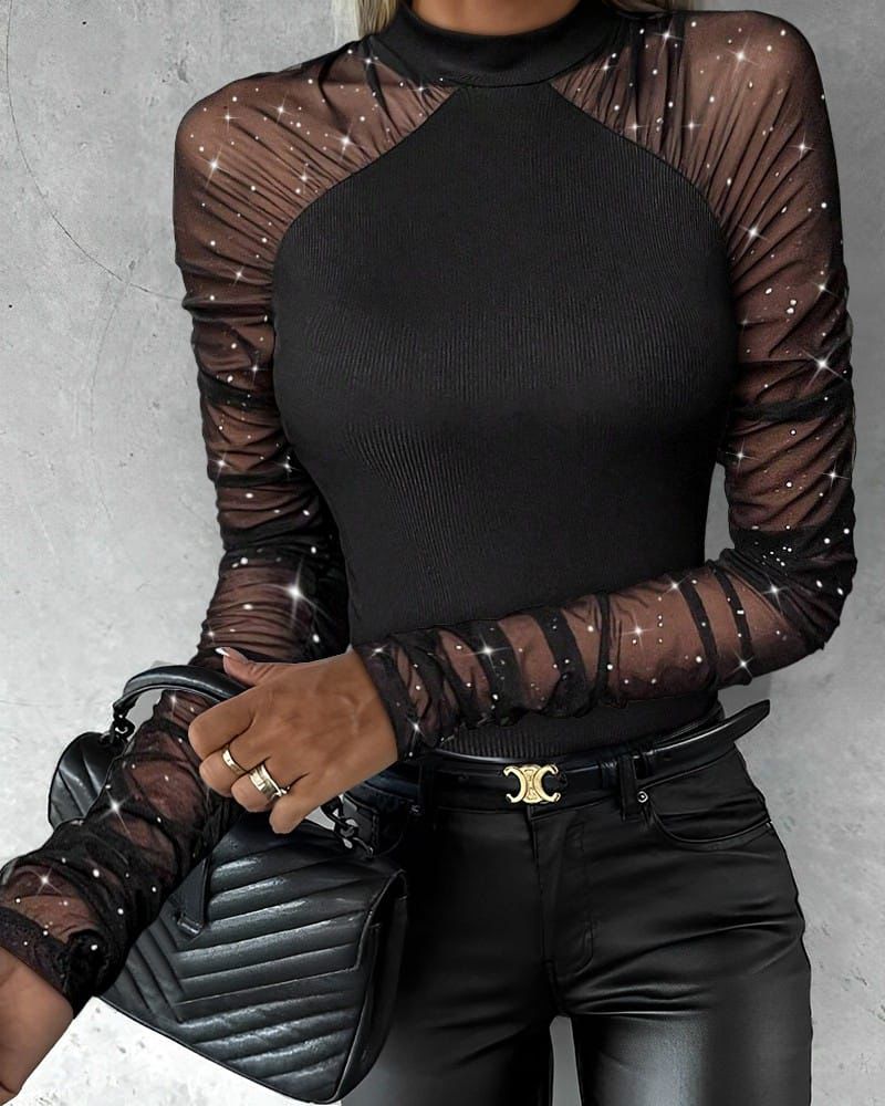 Elegant Top With Tulle Long Sleeve Glittered