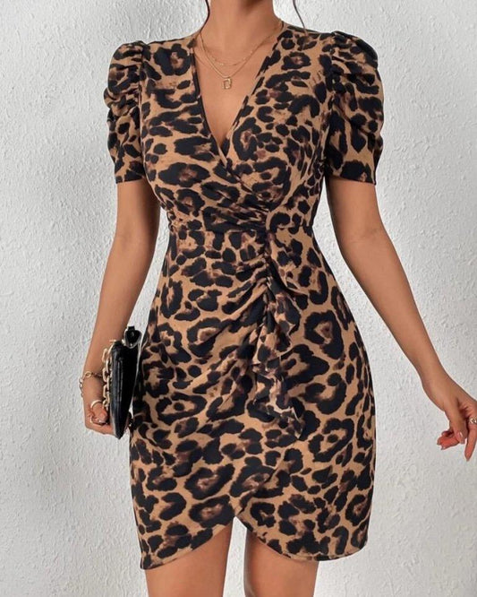 Leopard Short Sleeve Short Dress