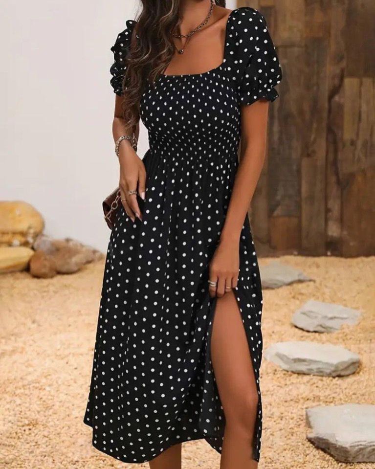 Short Sleeve Polka-Dot Dress With Slit