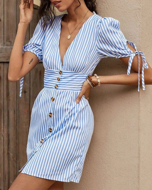 Stripped Short-Sleeve Dress With Ties