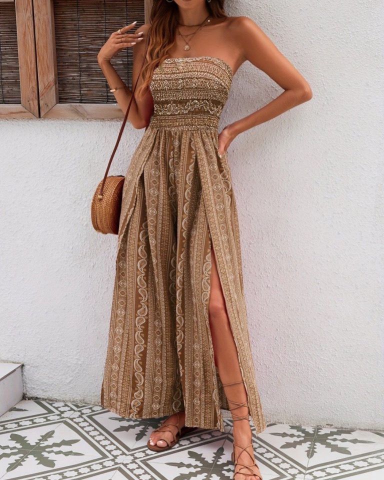 Strapless Wide Jumpsuit With Slits
