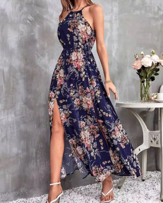 Floral Long Sleeveless Dress With Slit