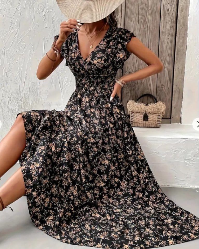 Floral Long Dress V-neck
