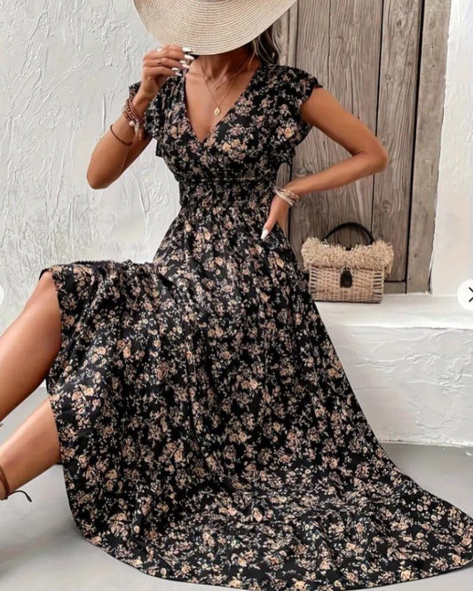 Floral Long Dress V-neck