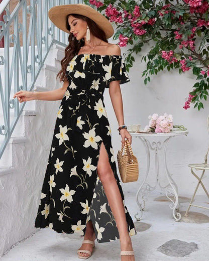 Of Shoulder Floral Long Dress With Slit