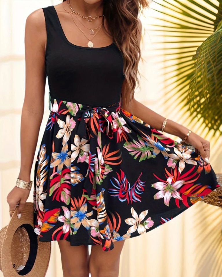 Floral Sleeveless Wide Short Dress