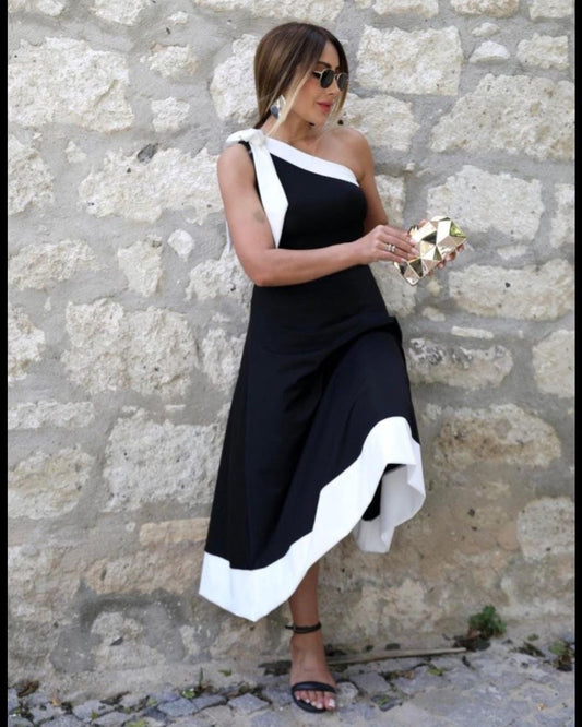 Wide Long Dress One Shoulder With White Border