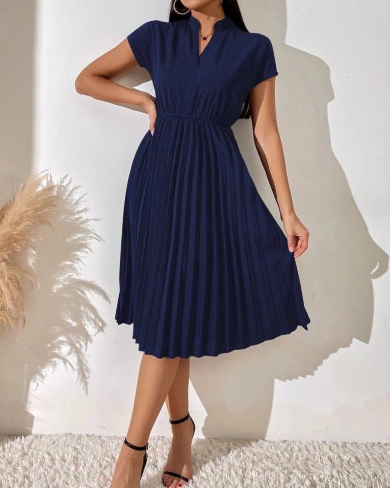 Pleated Elegant Short Sleeve Dress