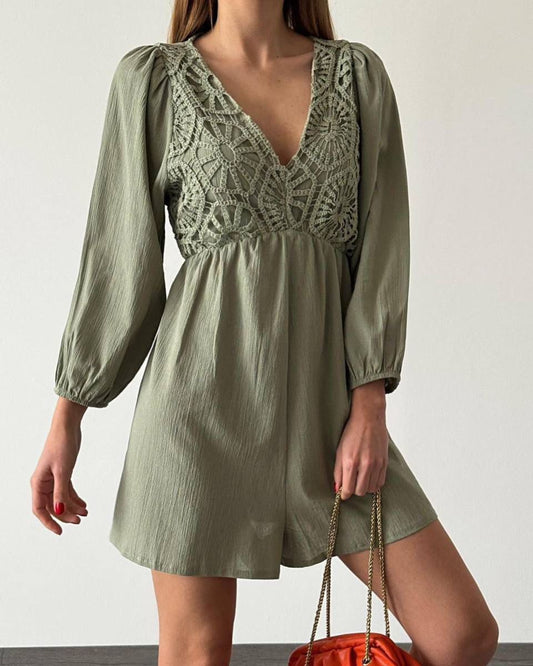 Broderie V-Neck Long Sleeve Jumpsuit