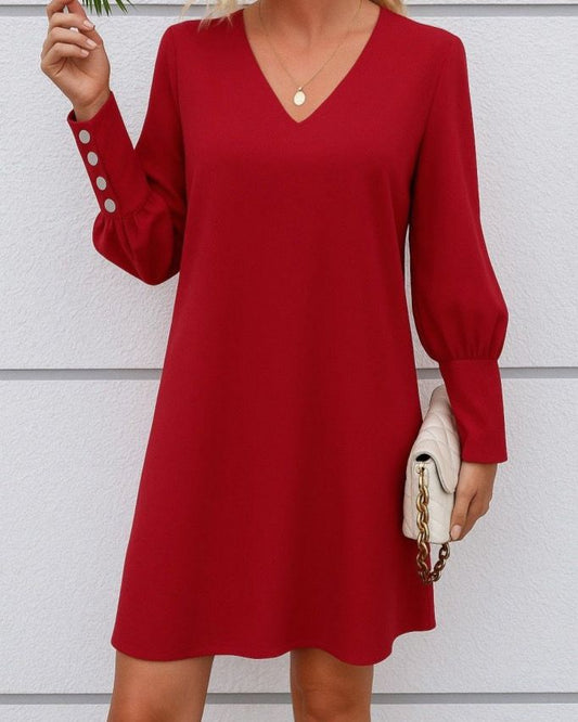 Simple V-Neck Long Sleeve Wide Dress With Buttons