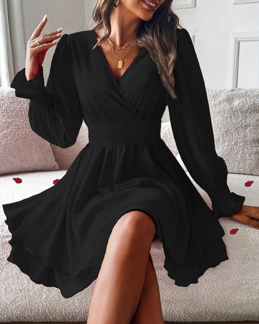 Wide V-Neck Short Long Sleeve Dress