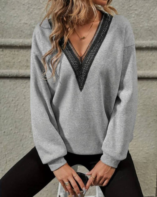 V-Neck Long Sleeve Top With Black Broderie