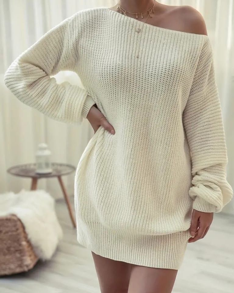 Of Shoulder Long Sleeve Wool Short Dress