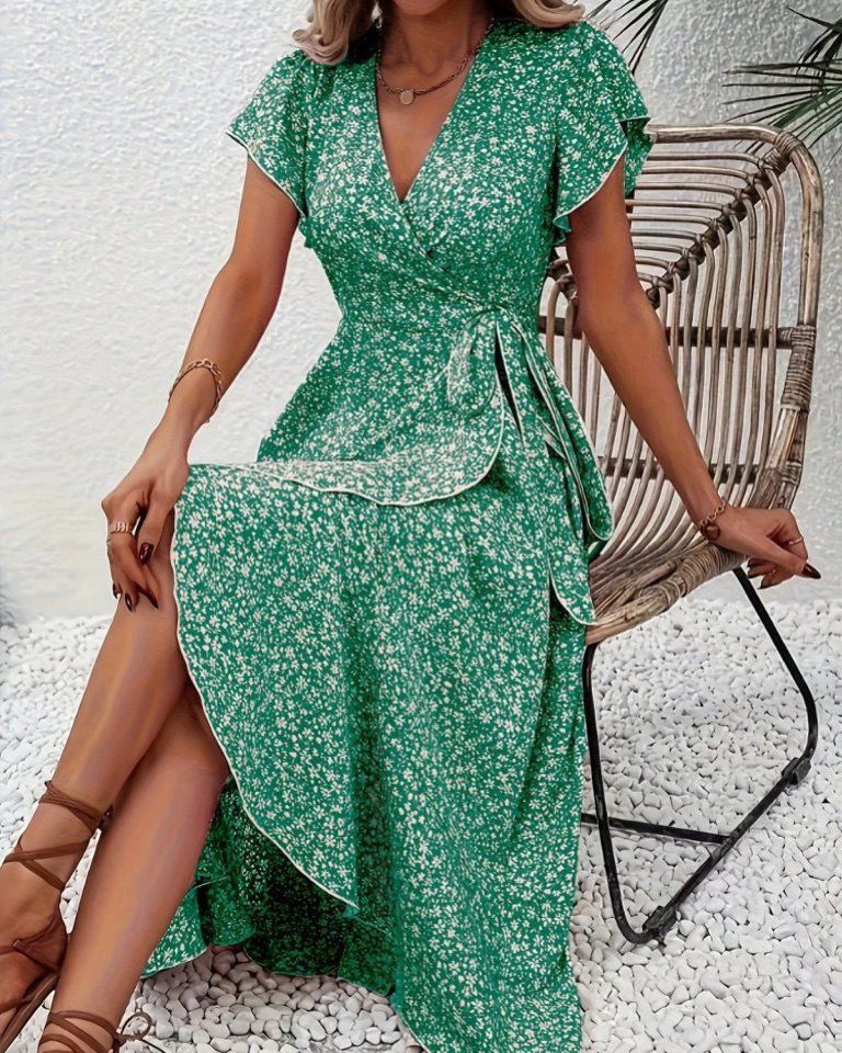 Wide Floral V-neck Dress With Tie