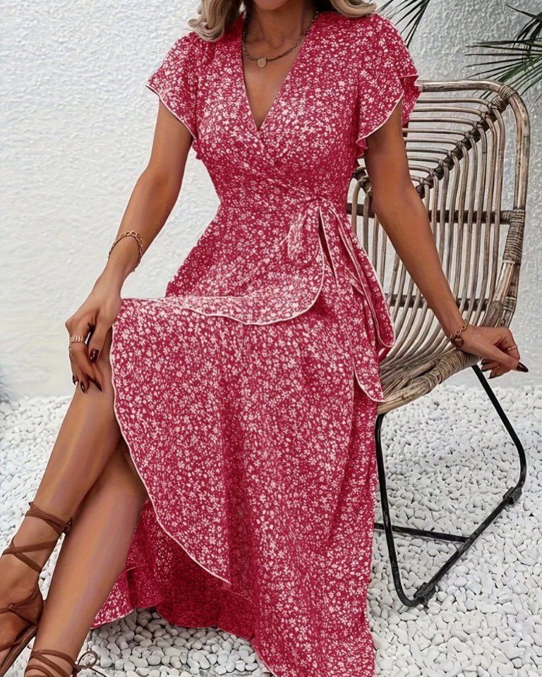 Wide Floral V-neck Dress With Tie