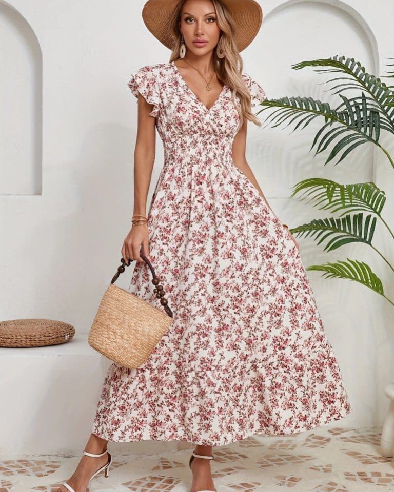 Floral Long Dress V-neck