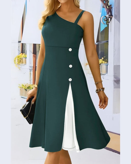Two Colors Wide Dress With Buttons